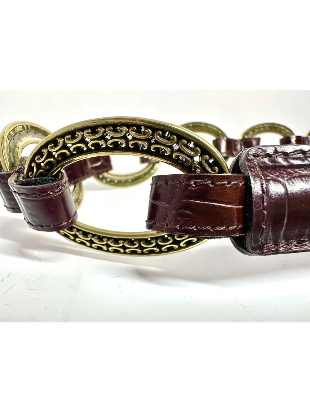 Vintage Brighton Dark Brown Croc-Embossed Leather Brass Tone Chain Links Size 32